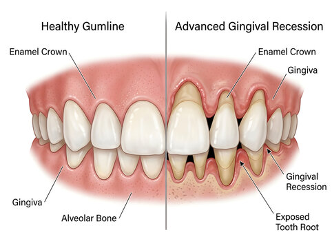 Healthy gumline vs advanced gingival recession diagram isolated on white background
