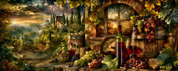 Fototapeta premium dreamy tuscany winery at sunset, rustic italian vineyard with wine, romantic tuscany wine harvest scene