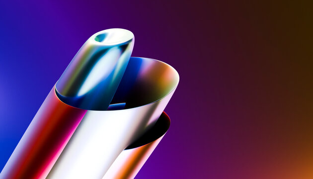 Abstract colorful metallic cylinder render on gradient background