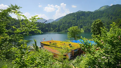 idyllic landscape lake Freibergsee, view to mountains and ski jump. allgau alps Oberstdorf © SusaZoom