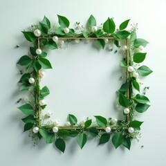 Fototapeta premium Square golden frame entwined with fresh green leaves and small white flowers. Delicate pearls adorn border. Empty space for text invites design.