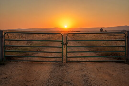 Twin green metal pasture gates chained together on dirt track with rustic rural charm visual