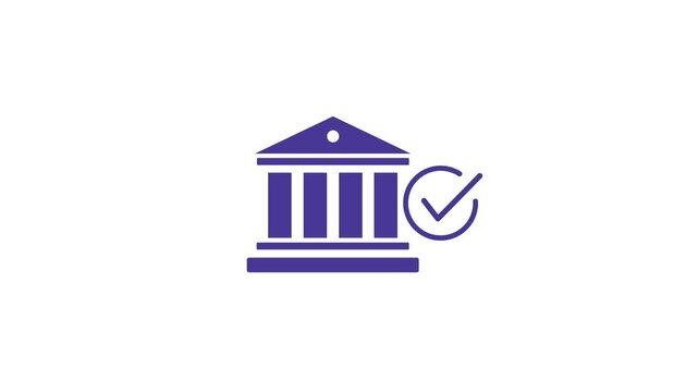 Purple bank building icon with a checkmark on a white background finance money. Motion Graphic concept. animation