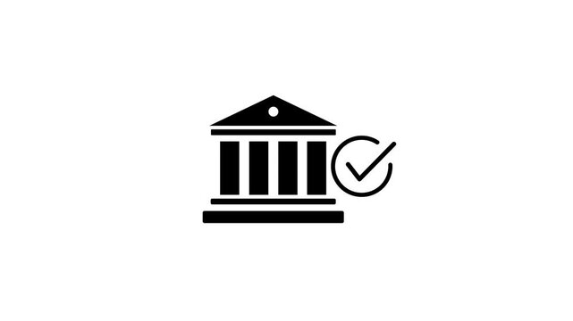 Purple bank building icon with a checkmark on a white background finance money. Motion Graphic concept. animation