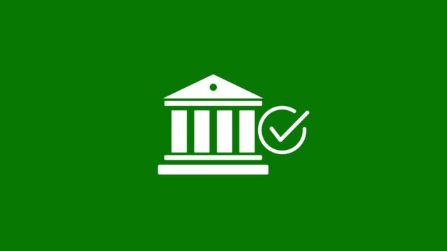 Purple bank building icon with a checkmark on a green background finance money. Motion Graphic concept. animation