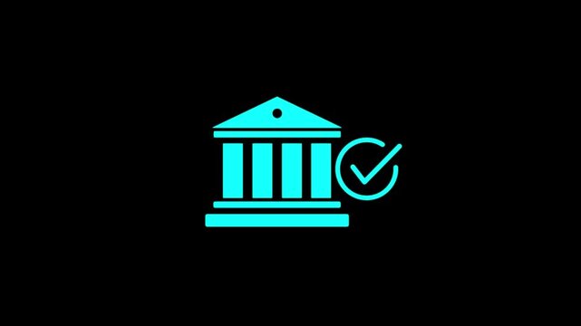 Purple bank building icon with a checkmark on a black background finance money. Motion Graphic concept. animation