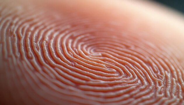 Macro view of human fingerprint with intricate ridge patterns and natural skin texture. Detailed close-up shows unique swirls and lines of epidermal ridges for identity.