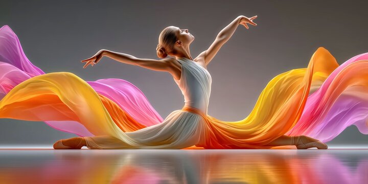 Graceful Ballerina Performing Split with Flowing Colorful Fabric for Dance Marketing.

