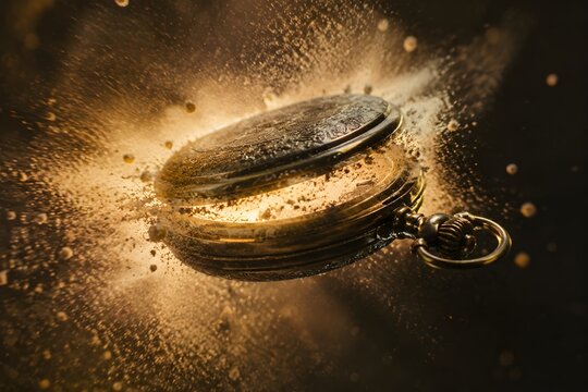 Antique pocket watch case snapping shut releasing dust burst in high speed back lit photography