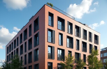 Fototapeta premium Modern brick building exterior in urban area with numerous windows and balconies. Contemporary architecture style with clean lines and dark frames. A rooftop garden adds plants to the top.