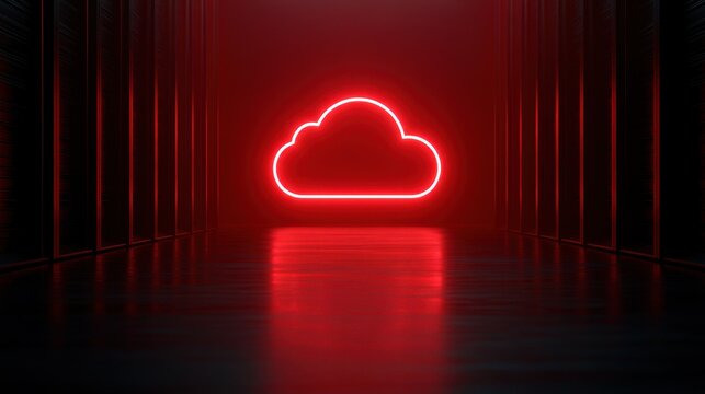 Neon red glowing cloud symbol in dark modern server room corridor. Conceptual illustration for cloud computing and.