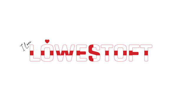 I love Lowestoft, Typographic design of I love Lowestoft on a white background, Flag typography of Lowestoft with heart, Vector design of Lowestoft City of England, I love England, Flag of England