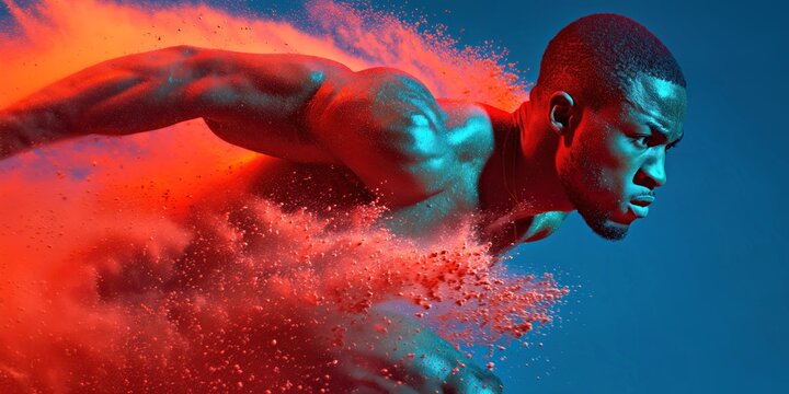 Dynamic Sprinter in Red and Blue Powder for Sports Marketing.

