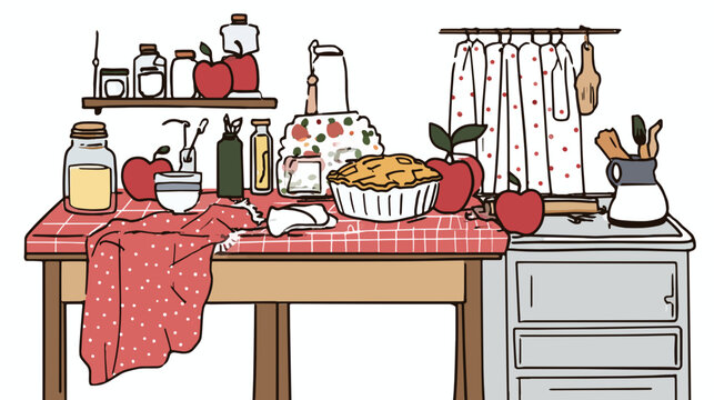 A cozy kitchen counter showing a freshly baked apple pie with red apples and a checkered tablecloth feeling warm and inviting
