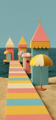 Fototapeta premium Colorful beach pier with umbrellas on summer day. Miniature boardwalk extending into the sea with striped umbrellas under a clear sky