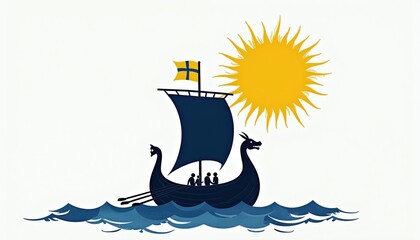 Fototapeta premium Viking ship with Swedish flag sails towards bright sun over blue waves. Minimalist graphic art represents Nordic journey, history, and culture.
