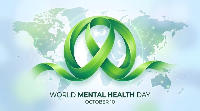 World mental health day awareness ribbon with global network map