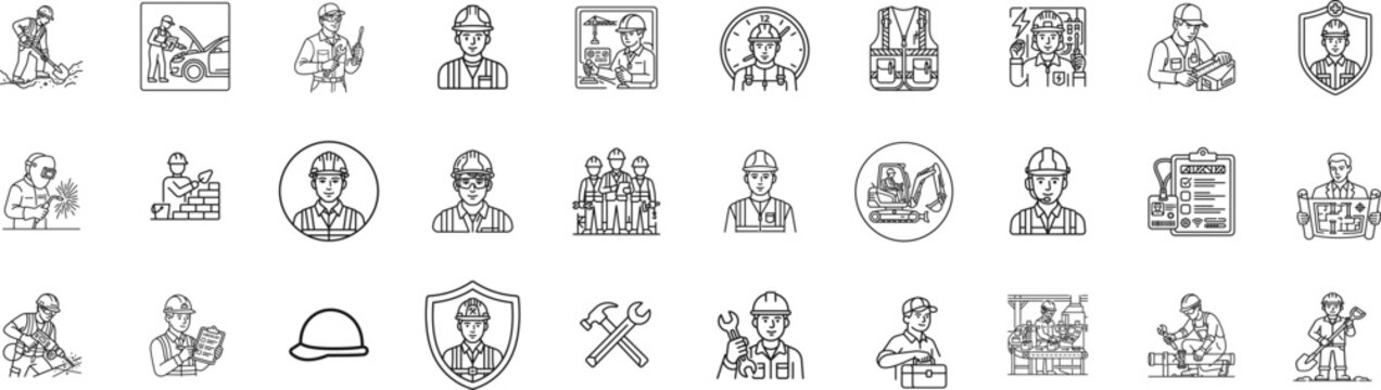Industrial contractor, architect, and builder vector line icons.