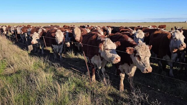 Curious polled hereford cattle herd grazing on a sunny day