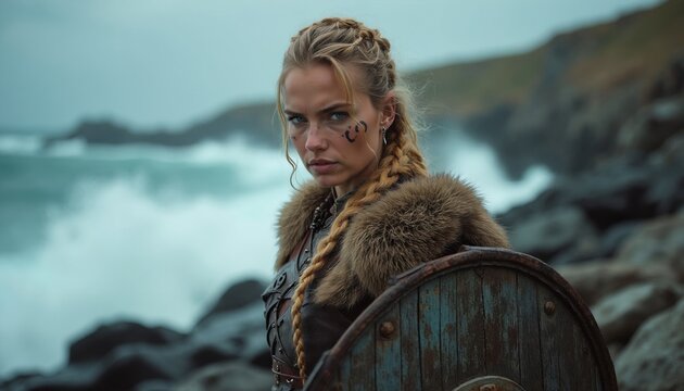 Blond shield maiden with face paint stands on rocky coast. She wears fur armor and holds a wooden shield near choppy blue ocean waves. Woman looks serious.