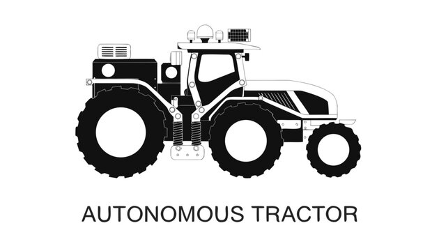 Very beautiful black and white realistic vector illustration of an autonomous tractor featuring clean mechanical linework and bold label reading "AUTONOMOUS TRACTOR", isolated on white background.