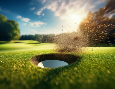 grass divot soaring after a golf swing dynamic motion captured against a blurred fairway and expansive sky backdrop