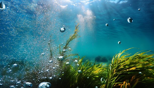 underwater scene with bubbles and seaweed in clear water
