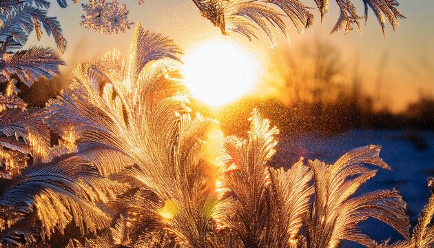 Golden Sun Shining Through Frozen Window
