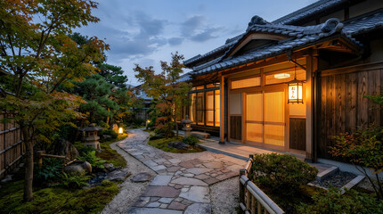 Naklejka premium Traditional japanese house with warm lighting in a serene garden path at dusk