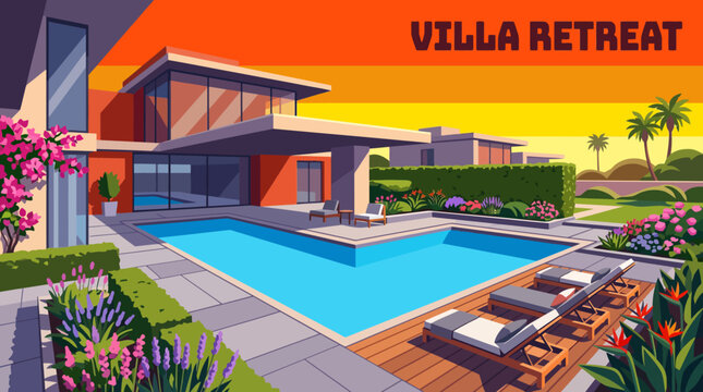 Modern villa backyard with luxurious swimming pool, designer lounge chairs, colorful flowering plants, elegant landscaping, peaceful outdoor retreat, contemporary residential architecture