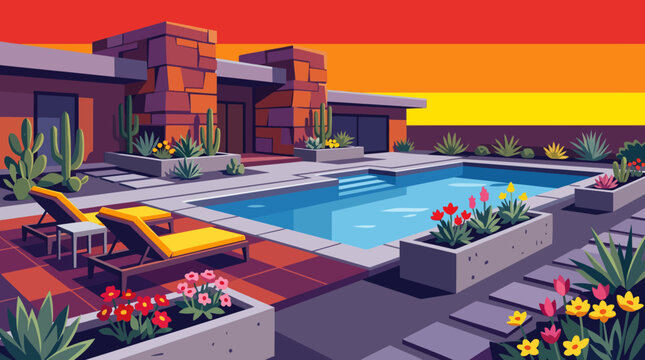 Modern villa backyard with luxurious swimming pool, designer lounge chairs, colorful flowering plants, elegant landscaping, peaceful outdoor retreat, contemporary residential architecture