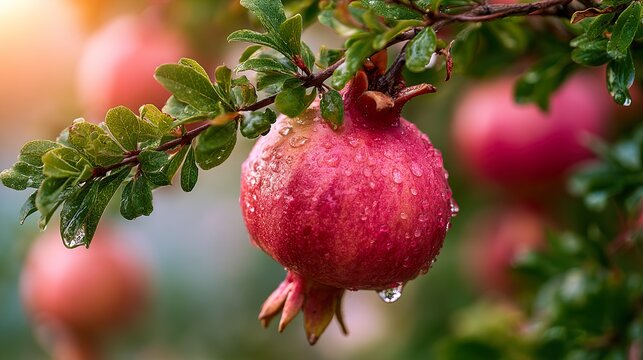 Pomegranate hanging on tree branch in garden. Pomegranate with water drops.