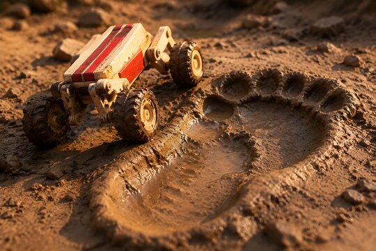 Balsa wood rover climbing muddy footprint with red stripes under bright sunlight in playful scene