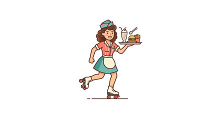 Fototapeta premium Retro Roller Skating Waitress Serving Drinks and Food.