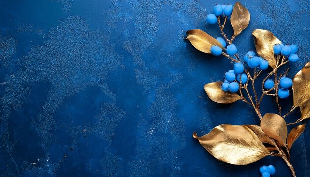 Branches Of Blue Berries And Golden Leaves Against Textured Blue Background