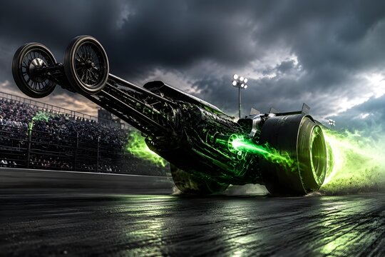 Cybernetic dragster performing wheelie with electromagnetic wheels and green plasma racing energy effects visual visual