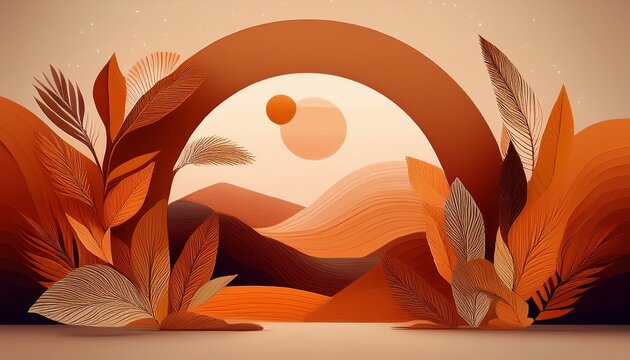 Abstract Boho Landscape With Terracotta Sun Arch And Leaves