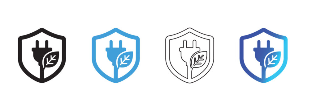 Eco friendly green energy protection vector icon set. Smart hybrid electric vehicle plug and leaf shield icons in four styles: solid, flat color, line art, and gradient.