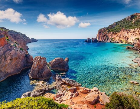 attractive morning scene of cala lunga natural resort exciting summer view of sardinia island italy europe sunny landscape of canyon di cala domestica beauty of nature concept background