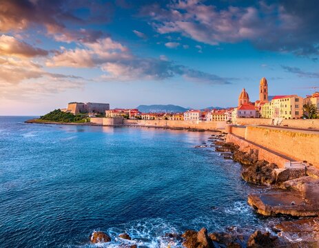 panoramic evening cityscape of alghero port with old fortress province of sassari italy europe majestic summer vew of sardinia island mediterranean seascape traveling concept background