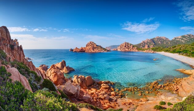 picturesque morning view of torist payh to li cossi beach rocky summer scene of costa paradiso sardinia island italy europe spectacular mediterranean seascape