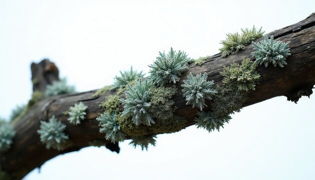 Old weathered branch covered in light green lichen, fluffy pale blue growths. Texture shows rough wood grain, organic shapes. Natural elements form complex patterns on dead tree limb against sky.