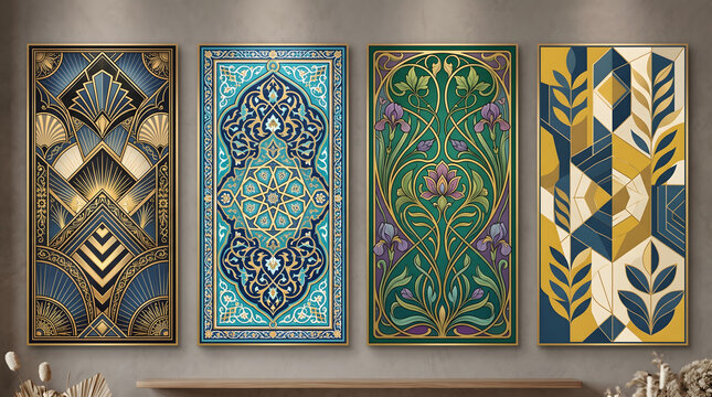 Modern and Classic Canvas Wall Art Set Mockup - Four Decorative Panels Featuring Art Deco, Islamic Arabesque, Art Nouveau, and Geometric Patterns for Home Interior Decor
