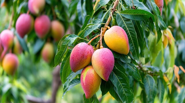 Mangoes on tree branch in garden.