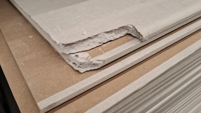 A stack of grey drywall sheets with a damaged broken edge stored in a warehouse or store. Construction materials, building renovation, damaged drywall panels.