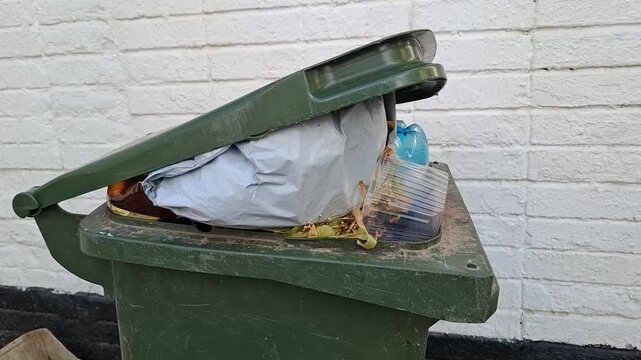 Overflowing dumpster with waste outdoors. trash, garbage, disposal, pollution, environment.
