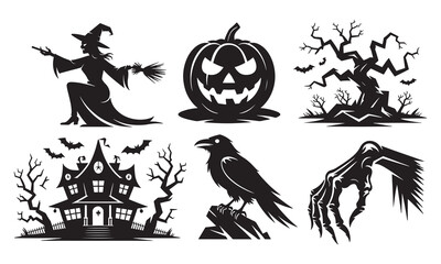 Fototapeta premium Halloween set featuring a witch on a broomstick, a carved jack o lantern, a gnarled dead tree, a haunted mansion, a raven on a stone, and a skeletal hand reaching out in darkness
