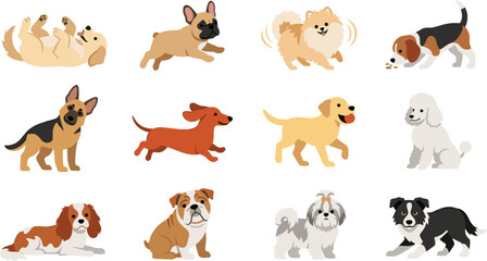 Fototapeta premium Cute Cartoon Dog Breeds Icon Set Featuring Golden Retriever, German Shepherd, French Bulldog, Dachshund, Poodle, Pomeranian, Beagle, and English Bulldog Vector Illustration