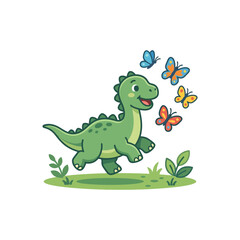 Fototapeta premium Green dinosaur with butterflies around.