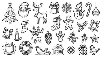 Christmas Icons Set: Santa, Snowman, Reindeer, Tree, Gifts, Ornaments - Doodle Art © hana